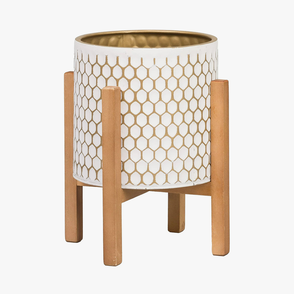 Honeycomb Mid-Century Modern Indoor Metal Pot Planter with 4-Leg Wood Base
